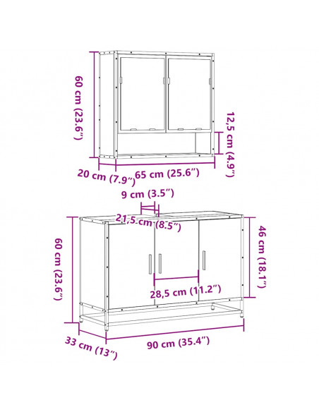 Set Mobili da Bagno 2 pz Rovere Fumo in Legno Multistrato
