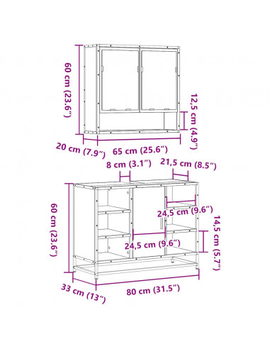 Set Mobili da Bagno 2 pz Rovere Fumo in Legno Multistrato