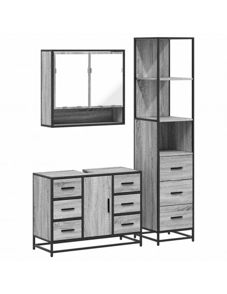 Set Mobili da Bagno 3 pz Grigio Sonoma in Legno Multistrato