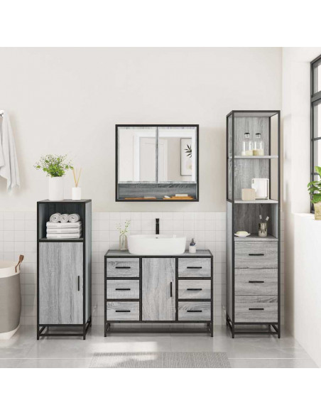 Set Mobili da Bagno 3 pz Grigio Sonoma in Legno Multistrato