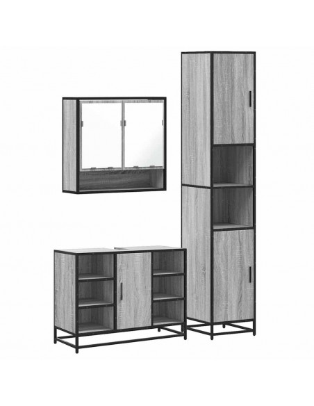 Set Mobili da Bagno 3 pz Grigio Sonoma in Legno Multistrato