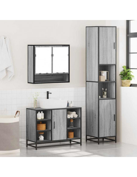 Set Mobili da Bagno 3 pz Grigio Sonoma in Legno Multistrato