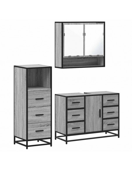 Set Mobili da Bagno 3 pz Grigio Sonoma in Legno Multistrato