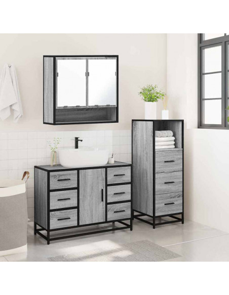 Set Mobili da Bagno 3 pz Grigio Sonoma in Legno Multistrato