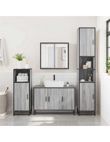 Set Mobili da Bagno 3 pz Grigio Sonoma in Legno Multistrato