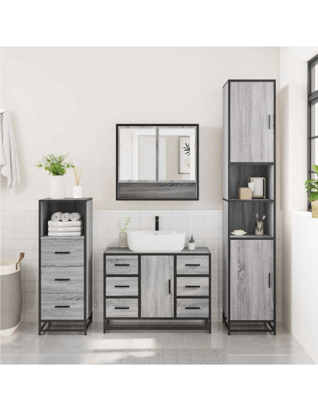 Set Mobili da Bagno 3 pz Grigio Sonoma in Legno Multistrato