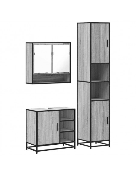 Set Mobili da Bagno 3 pz Grigio Sonoma in Legno Multistrato