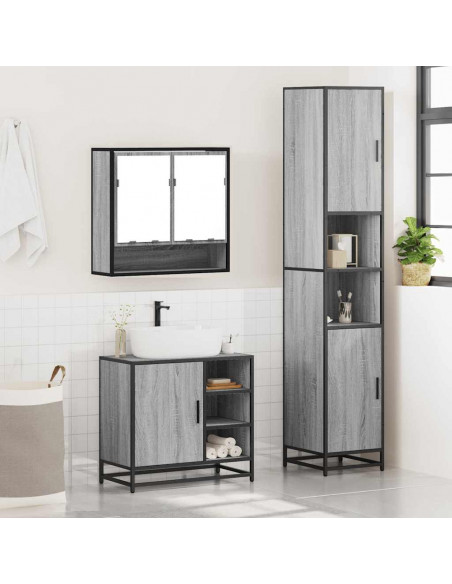 Set Mobili da Bagno 3 pz Grigio Sonoma in Legno Multistrato