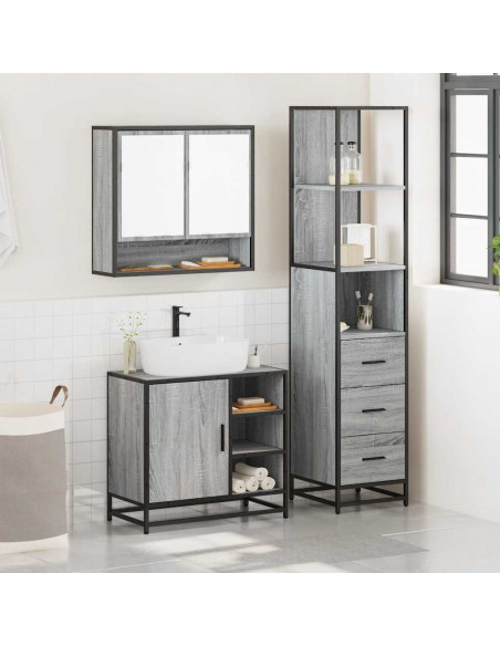 Set Mobili da Bagno 3 pz Grigio Sonoma in Legno Multistrato