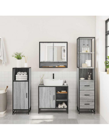 Set Mobili da Bagno 3 pz Grigio Sonoma in Legno Multistrato