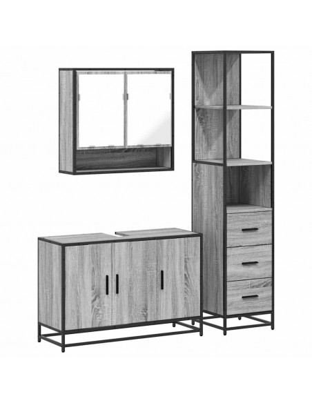 Set Mobili da Bagno 3 pz Grigio Sonoma in Legno Multistrato