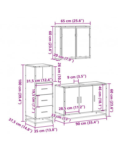 Set Mobili da Bagno 3 pz Grigio Sonoma in Legno Multistrato