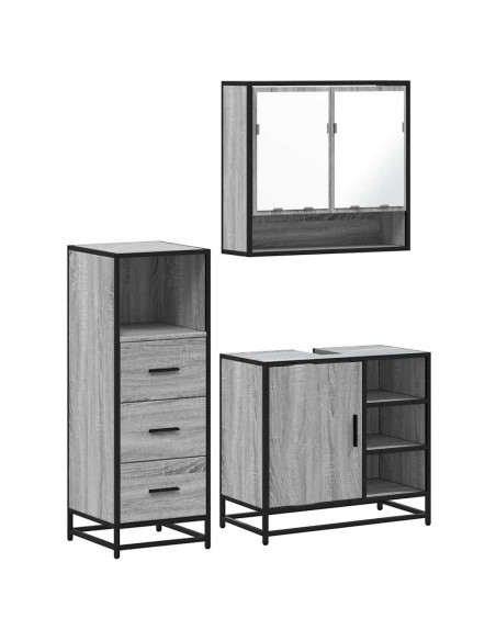 Set Mobili da Bagno 3 pz Grigio Sonoma in Legno Multistrato