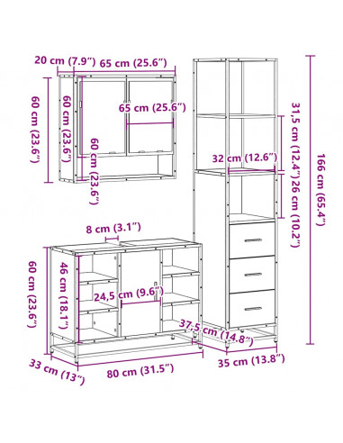 Set Mobili da Bagno 3 pz Grigio Sonoma in Legno Multistrato