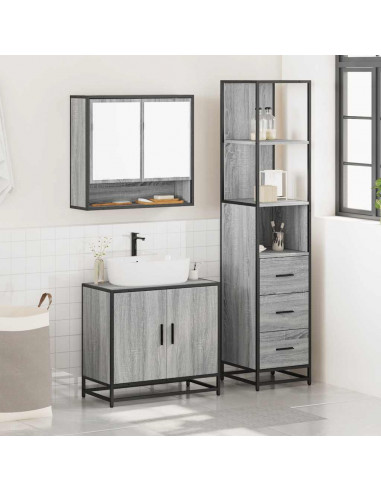 Set Mobili da Bagno 3 pz Grigio Sonoma in Legno Multistrato