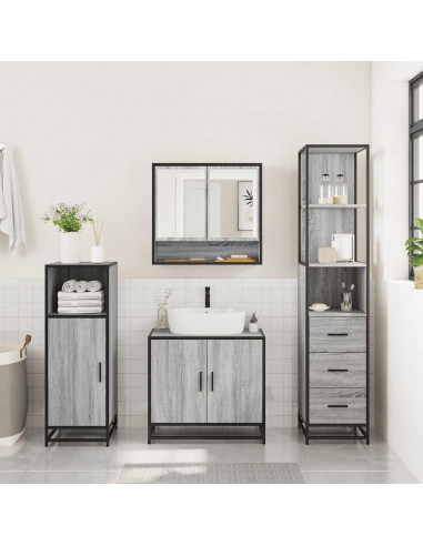 Set Mobili da Bagno 3 pz Grigio Sonoma in Legno Multistrato