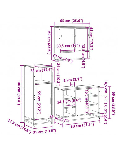 Set Mobili da Bagno 3 pz Grigio Sonoma in Legno Multistrato
