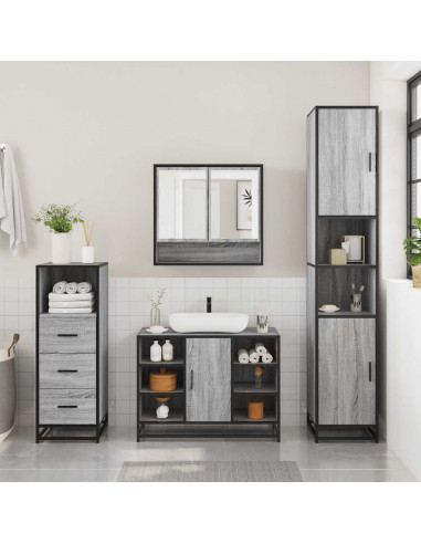 Set Mobili da Bagno 3 pz Grigio Sonoma in Legno Multistrato