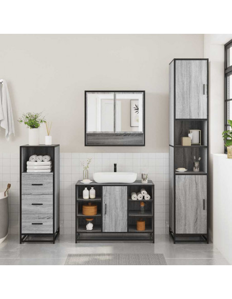 Set Mobili da Bagno 3 pz Grigio Sonoma in Legno Multistrato
