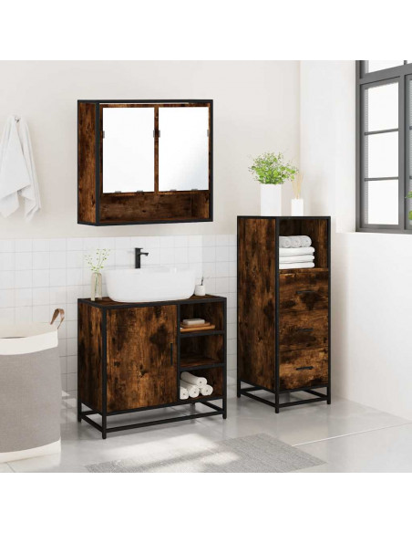 Set Mobili da Bagno 3 pz Rovere Fumo in Legno Multistrato
