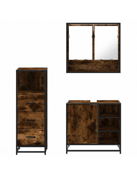 Set Mobili da Bagno 3 pz Rovere Fumo in Legno Multistrato