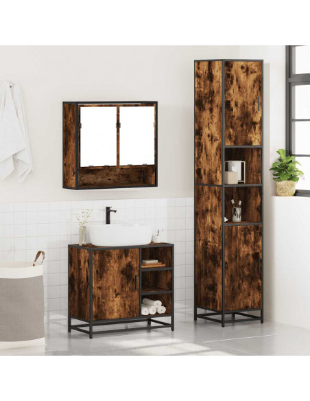 Set Mobili da Bagno 3 pz Rovere Fumo in Legno Multistrato