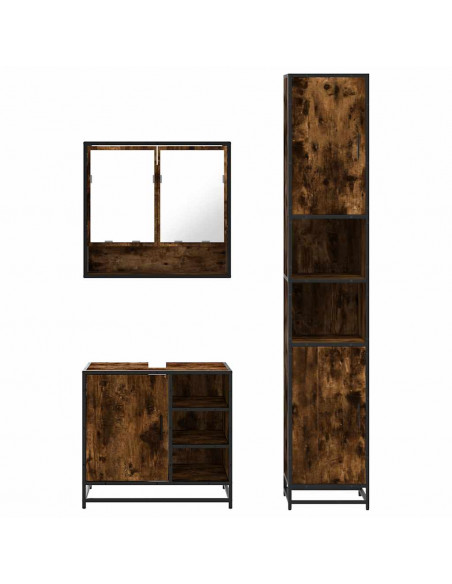 Set Mobili da Bagno 3 pz Rovere Fumo in Legno Multistrato