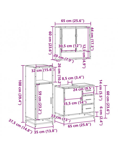 Set Mobili da Bagno 3 pz Rovere Fumo in Legno Multistrato