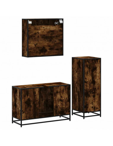 Set Mobili da Bagno 3 pz Rovere Fumo in Legno Multistrato