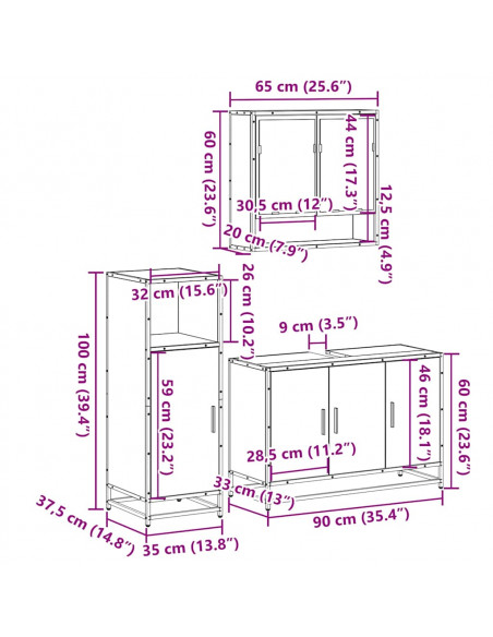 Set Mobili da Bagno 3 pz Rovere Fumo in Legno Multistrato
