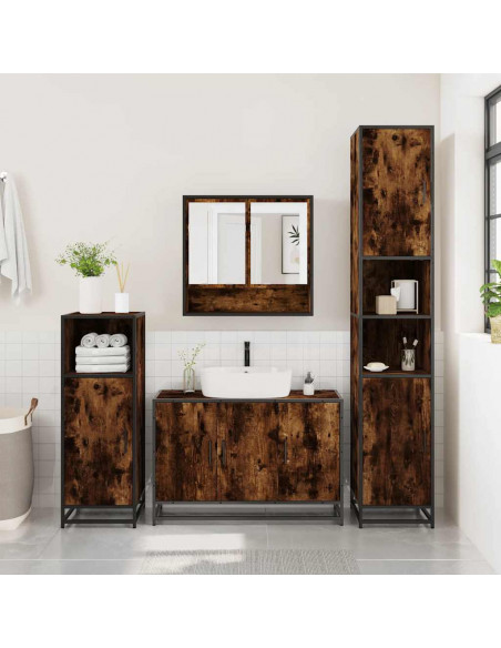 Set Mobili da Bagno 3 pz Rovere Fumo in Legno Multistrato