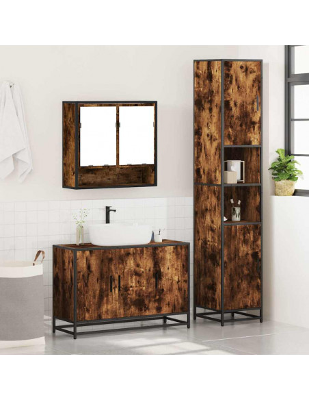 Set Mobili da Bagno 3 pz Rovere Fumo in Legno Multistrato