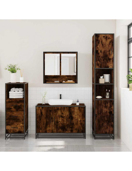 Set Mobili da Bagno 3 pz Rovere Fumo in Legno Multistrato