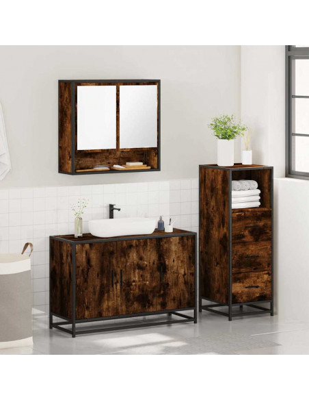 Set Mobili da Bagno 3 pz Rovere Fumo in Legno Multistrato