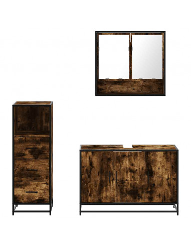 Set Mobili da Bagno 3 pz Rovere Fumo in Legno Multistrato