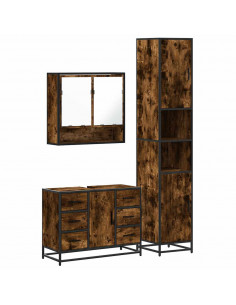 Set Mobili da Bagno 3 pz Rovere Fumo in Legno Multistrato