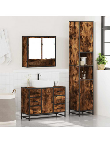 Set Mobili da Bagno 3 pz Rovere Fumo in Legno Multistrato