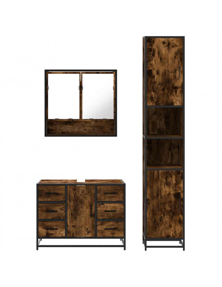 Set Mobili da Bagno 3 pz Rovere Fumo in Legno Multistrato