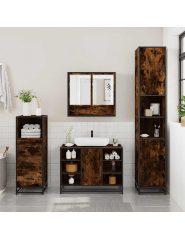 Set Mobili da Bagno 3 pz Rovere Fumo in Legno Multistrato
