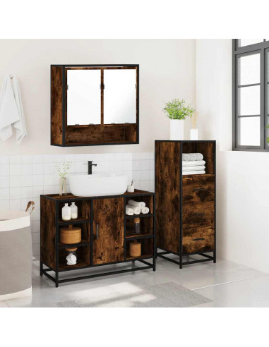 Set Mobili da Bagno 3 pz Rovere Fumo in Legno Multistrato