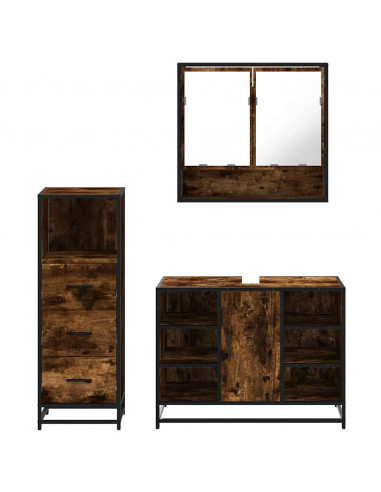 Set Mobili da Bagno 3 pz Rovere Fumo in Legno Multistrato