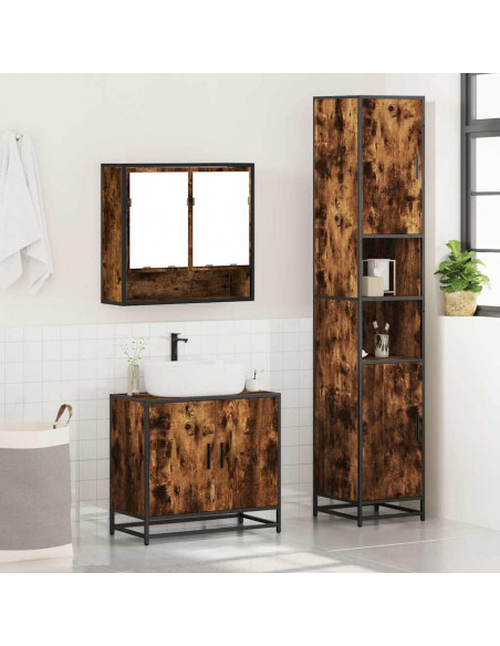 Set Mobili da Bagno 3 pz Rovere Fumo in Legno Multistrato