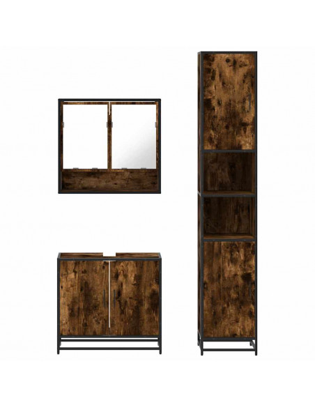 Set Mobili da Bagno 3 pz Rovere Fumo in Legno Multistrato