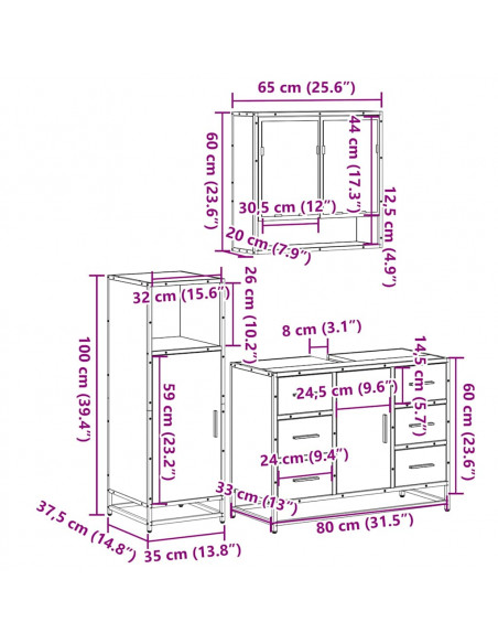 Set Mobili da Bagno 3 pz Rovere Fumo in Legno Multistrato