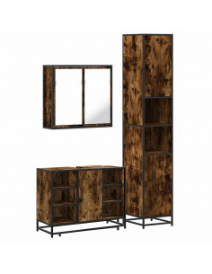 Set Mobili da Bagno 3 pz Rovere Fumo in Legno Multistrato