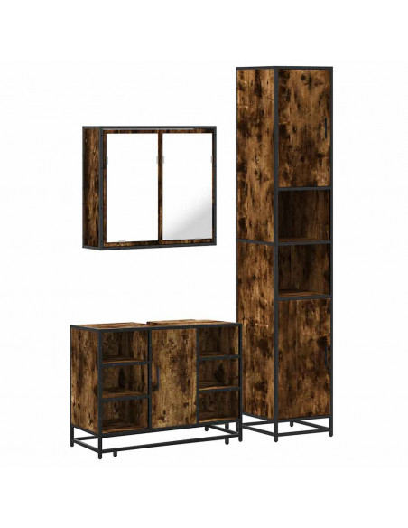Set Mobili da Bagno 3 pz Rovere Fumo in Legno Multistrato