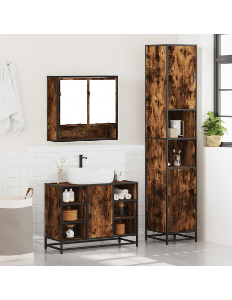 Set Mobili da Bagno 3 pz Rovere Fumo in Legno Multistrato