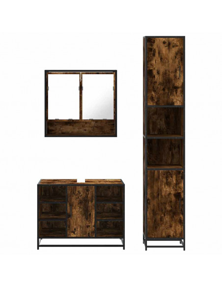 Set Mobili da Bagno 3 pz Rovere Fumo in Legno Multistrato