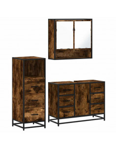 Set Mobili da Bagno 3 pz Rovere Fumo in Legno Multistrato