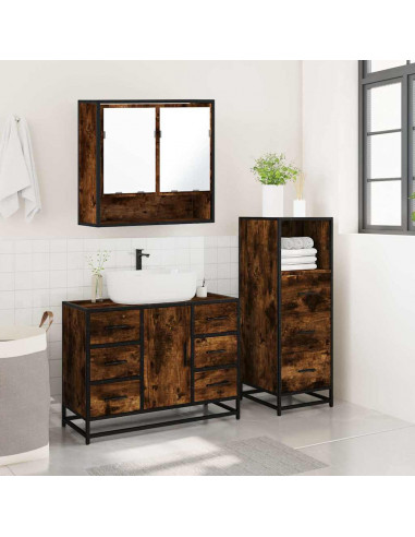 Set Mobili da Bagno 3 pz Rovere Fumo in Legno Multistrato